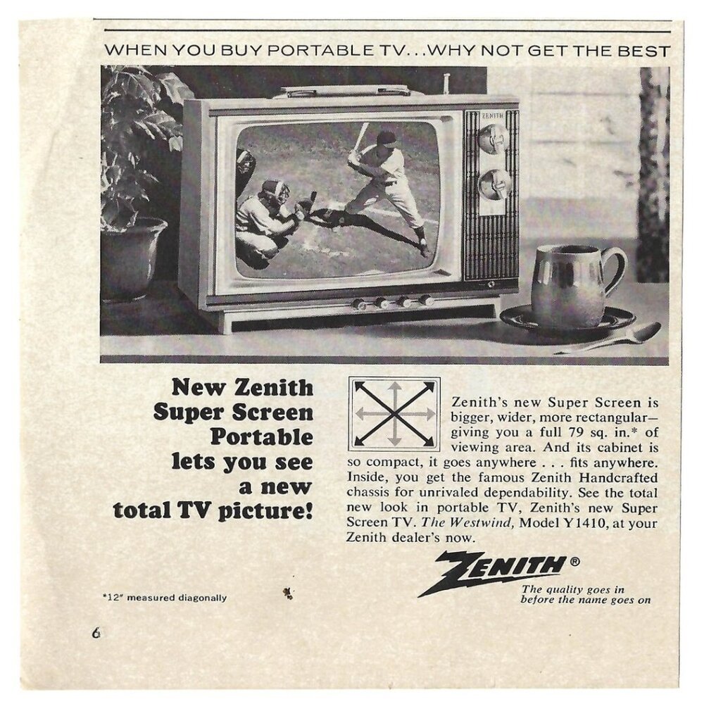 1967 Zenith Super Screen Portable TV Picture Shows Movies Vtg Magazine Print Ad